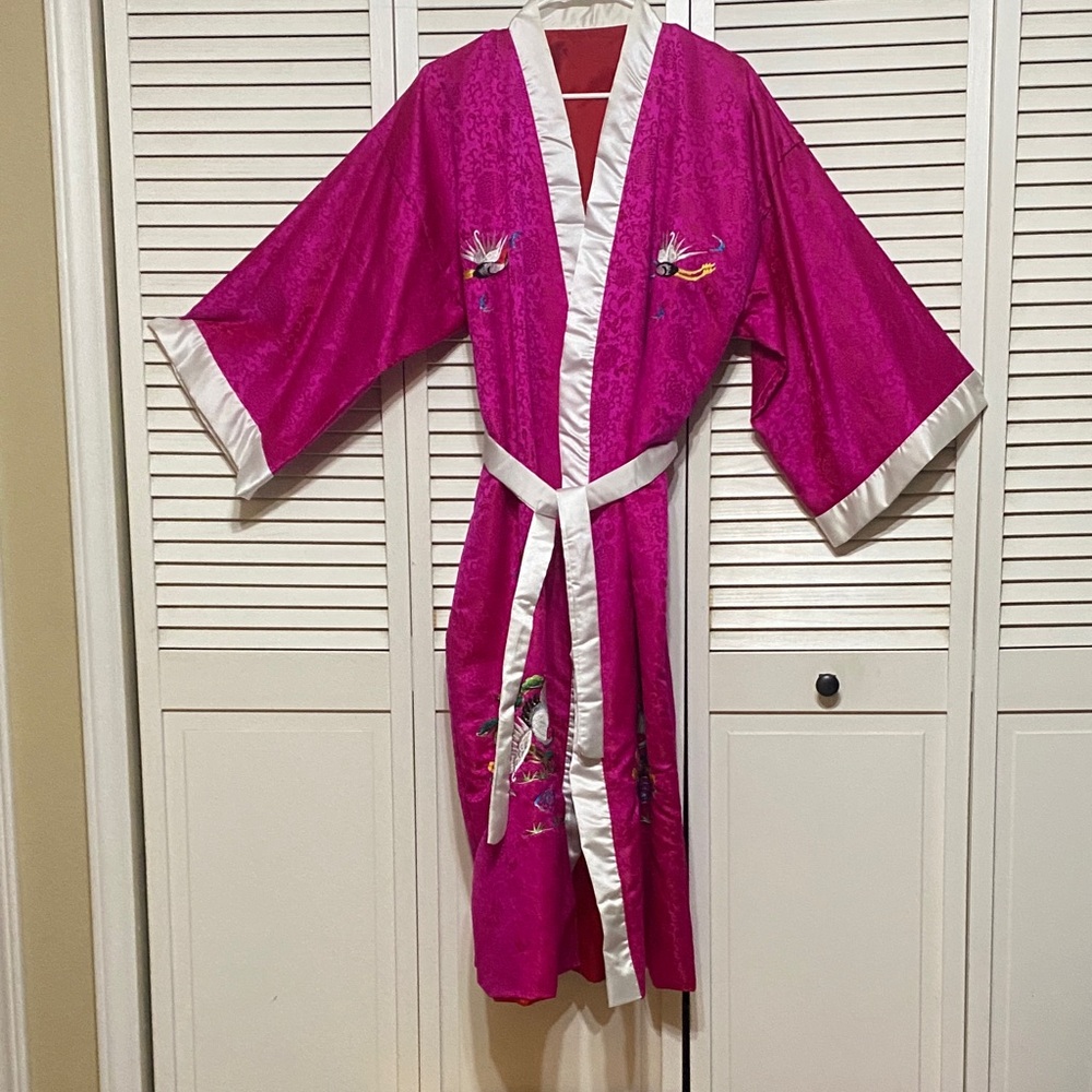 Fuchsia Satin Kimono Robe with White Trim